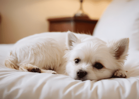 A well-groomed Cavalier King Charles Spaniel resting on a large hotel bed