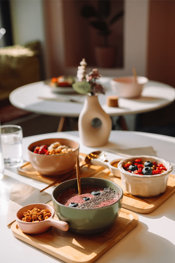 Interior of a cozy cafe with a wooden counter and pastries