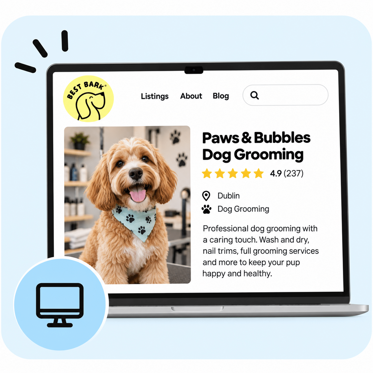 Example of a featured dog grooming business on Best Bark