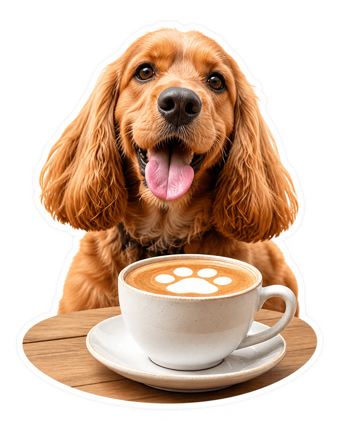 Dog sitting beside a paw print coffee