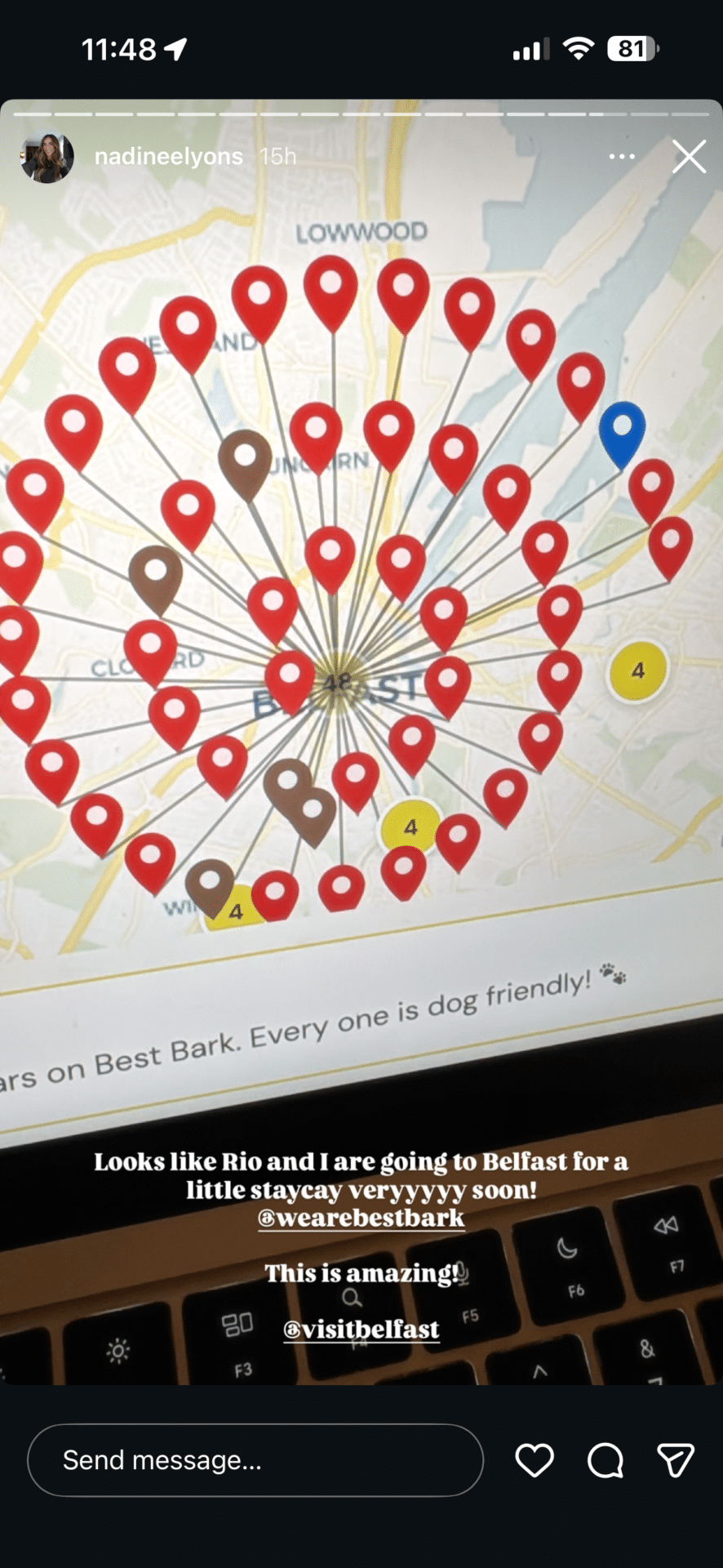 Instagram story showing interest in visiting Belfast after seeing dog friendly places on Best Bark